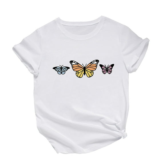 JINMGG Womens Tops under $5 Women's Fashion Casual Loose Butterfly Print Round Neck Top T-Shirt White XXXXL
