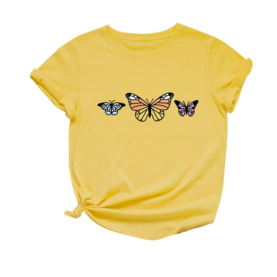 JINMGG Womens Tops under $5 Women's Fashion Casual Loose Butterfly Print Round Neck Top T-Shirt Yellow M