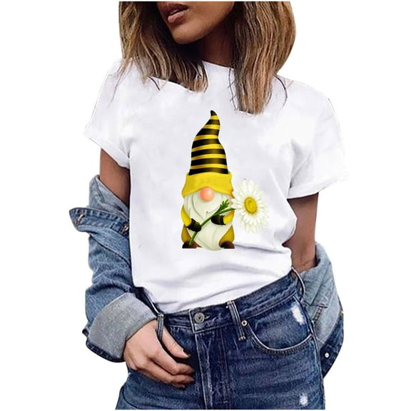 JINMGG Womens Tops under $5 Women's Fashion Flowers Print Harajuku Female Round Neck Loose T-Shirt White S