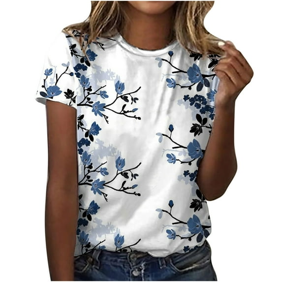 JINMGG Womens Tops under $5 Women's Fashion O-Neck Print Short Sleeve T-Shirt Tops Casual Loose Blouse Tops Blue XL