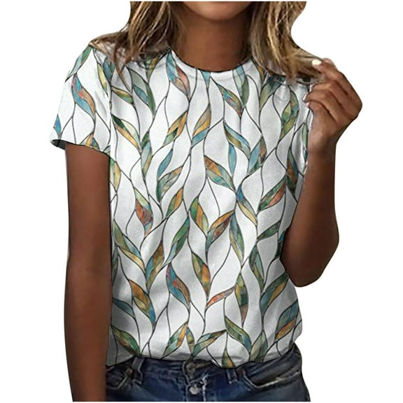 JINMGG Womens Tops under $5 Women's Fashion O-Neck Print Short Sleeve T-Shirt Tops Casual Loose Blouse Tops Green M