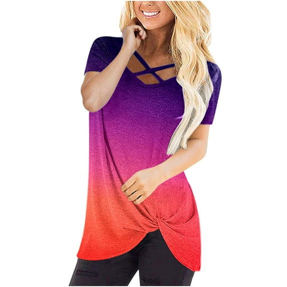 JINMGG Womens Tops under $5 Women's Fashion Printed V Neck Short Sleeve T-Shirt Blouse Loose Tops Red S