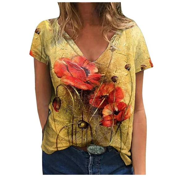 JINMGG Womens Tops Clearance under $5 Women's Summer Fashion Casual Printed Short Sleeve V-Neck Pullover Tops Yellow L