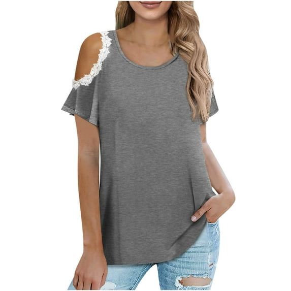 JINMGG Womens Tops,Cold Shoulder Tops for Women Round-Neck Fashion Casual Summer Shirts Cute Lace Blouses T-Shirt Top Gray M