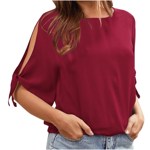 JINMGG Womens Tops,Women's Fashion Casual Solid Color Chiffon Round Neck Short Sleeve Pullover Tops Red XXL