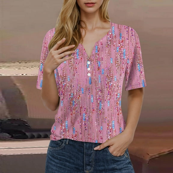 Pincandy Women Fashion Casual Summer Pleated Shirts Fold Printed Regular Women Short Sleeves Neck Button Loose Fit Tops,Pink,M