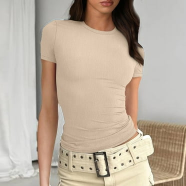 Pincandy Womens Short Sleeve Crop Tops Basic Tees Slim Fit Going Out Tops Cute Summer Tops Tight Shirts Teen Girls Y2K Clothing,Beige,M