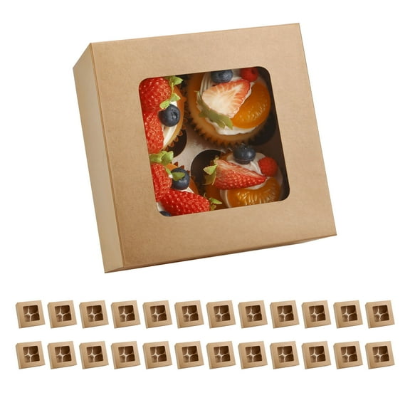 JINMING 4 Count Cupcake Kraft with Window and Inserts, 25 Pack Black Cupcake Containers, 6.3" x 6.3" x 3" Cupcake Holders for Muffins, Desserts, Pastries