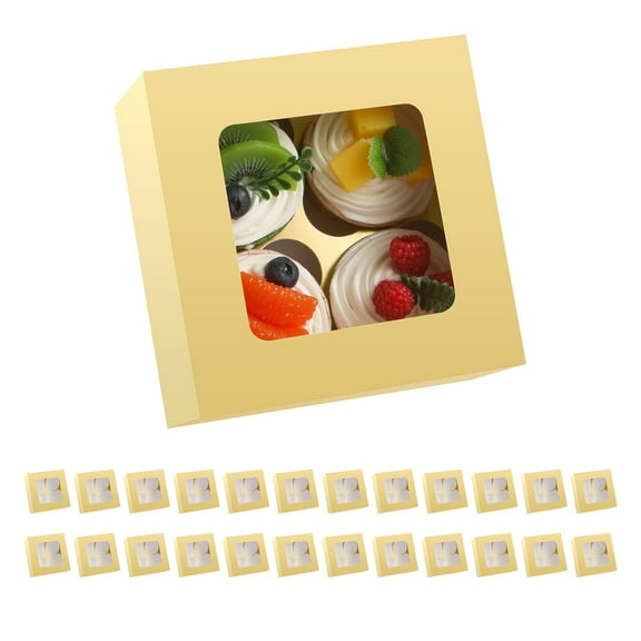 JINMING 4 Count Cupcake Boxes with Window and Inserts, 25 Pack Gold Cupcake Containers, 6.3" x 6.3" x 3" Cupcake Holders for Muffins, Desserts, Pastries