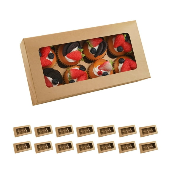 JINMING 8 Count Cupcake Boxes with Window and Inserts, 15 Pack Kraft Cupcake Containers, 12.2" x 6.3" x 3" Cupcake Holders for Muffins, Desserts, Pastries