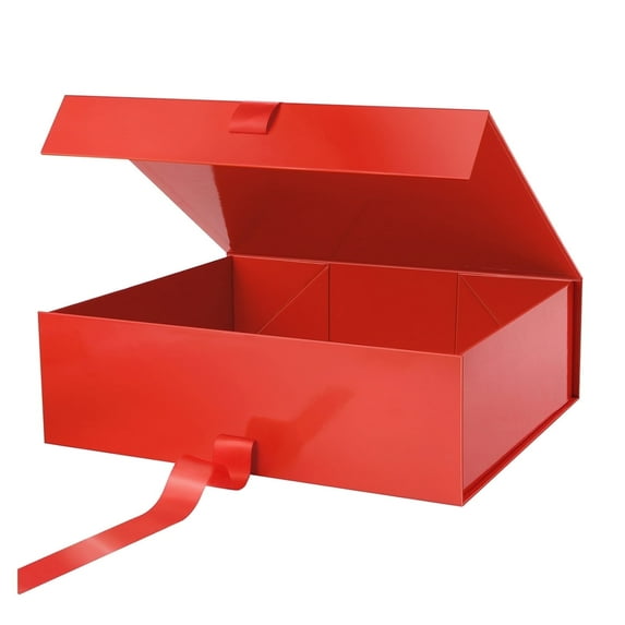 JINMING Extra Large Gift Box with Lid, 16.3x14.2x5 Inches, Valentine's Day Gift Box with Ribbon for Clothes and Large Gifts (Glossy Red)