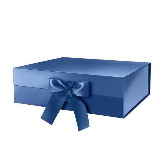 JINMING Gift Box with Ribbon for Fathers Day 13.5x9x4.1 Inches, Blue Gift Box with Lid and Ribbon, Bridesmaid Proposal Box, Magnetic Gift Box for presents (Glossy Blue)