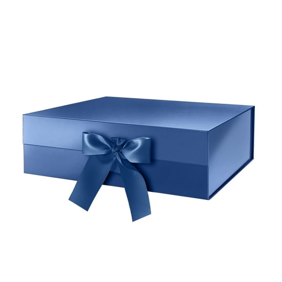 JINMING Gift Box with Ribbon for Fathers Day 13.5x9x4.1 Inches, Blue Gift Box with Lid and Ribbon, Bridesmaid Proposal Box, Magnetic Gift Box for presents (Glossy Blue)