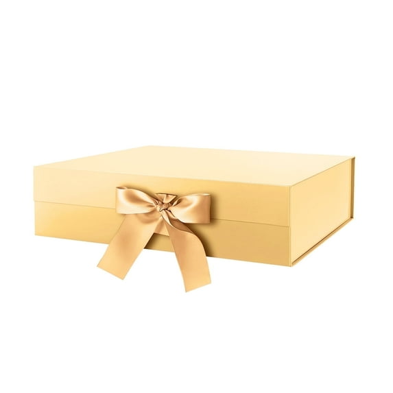 JINMING Large Gift Box with Ribbon 13.5x9x4.1 Inches, Gold Gift Box with Lid Large, Bridesmaid Proposal Box, Luxury Gift Box for presents (Glossy Gold)