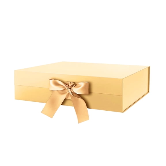 JINMING Large Gift Box with Ribbon 13.5x9x4.1 Inches, Gold Gift Box with Lid Large, Bridesmaid Proposal Box, Luxury Gift Box for presents (Glossy Gold)