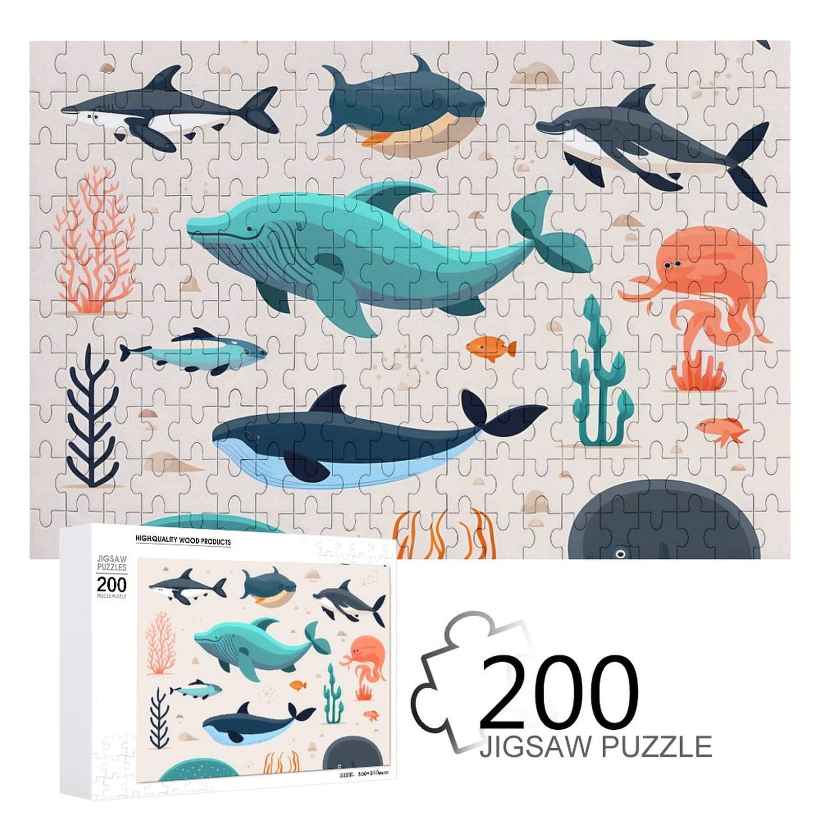 JINMUZAO Shark Pattern 200 Piece Large Pieces Jigsaw Puzzle for Adults Every Piece is Unique