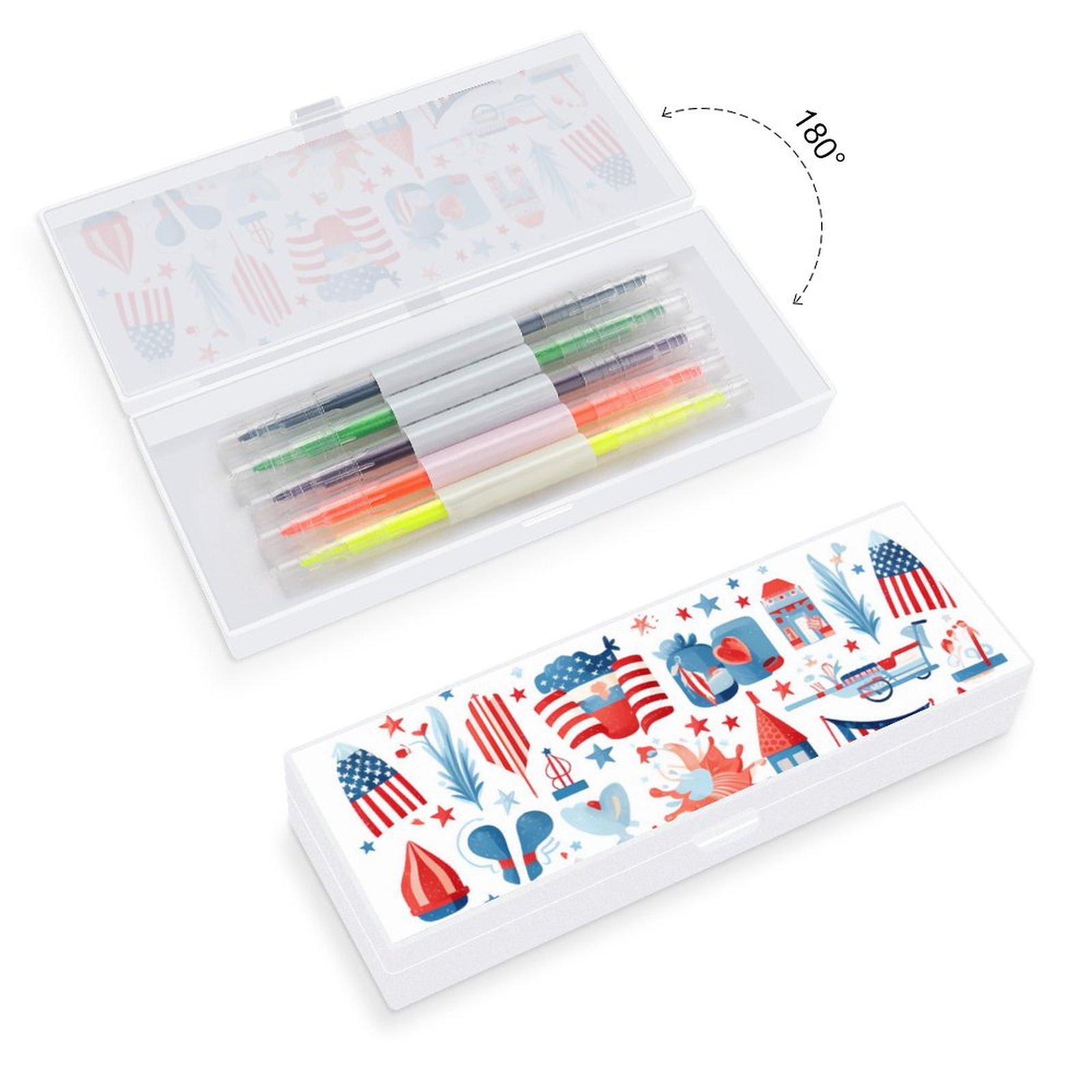 JINMUZAO US Flag PP Plastic Pencil Boxes Translucent Pencil Boxes for School Crayon and Marker