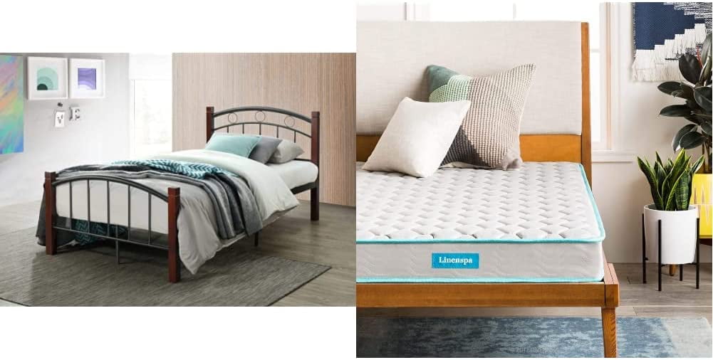 JINNA Metal Twin Complete Bed and Linenspa 6 Inch Innerspring Twin