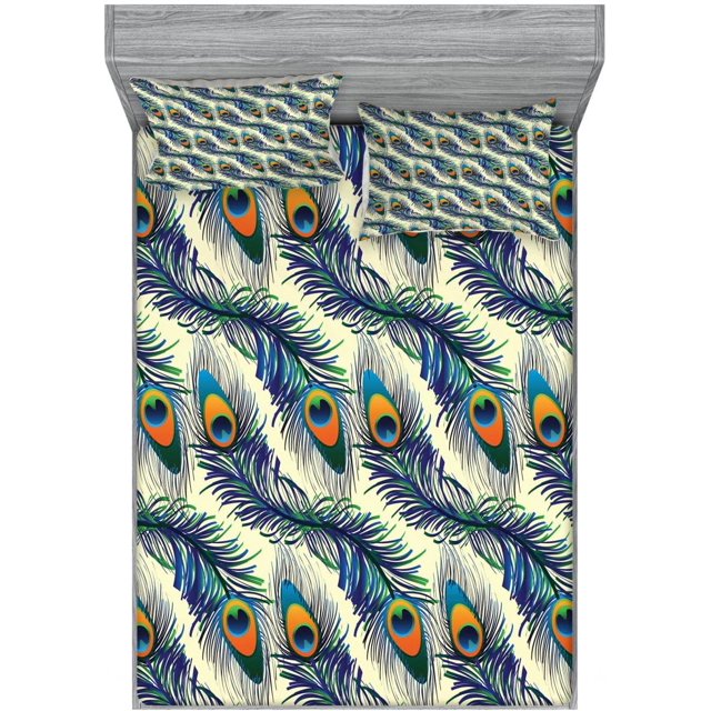 JINNA Peacock Fitted Sheet & Pillow Sham Set, Exotic Peacock Feathers