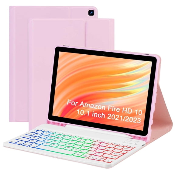 JINRAN Case with Keyboard for Kindle Fire HD 10&10 Plus (2021&2023) 10.1 inch,7 Color Rainbow Backlit Detachable Keyboard Magnetic Case with Pen Slot for HD 10 11th/13th Gen-Black