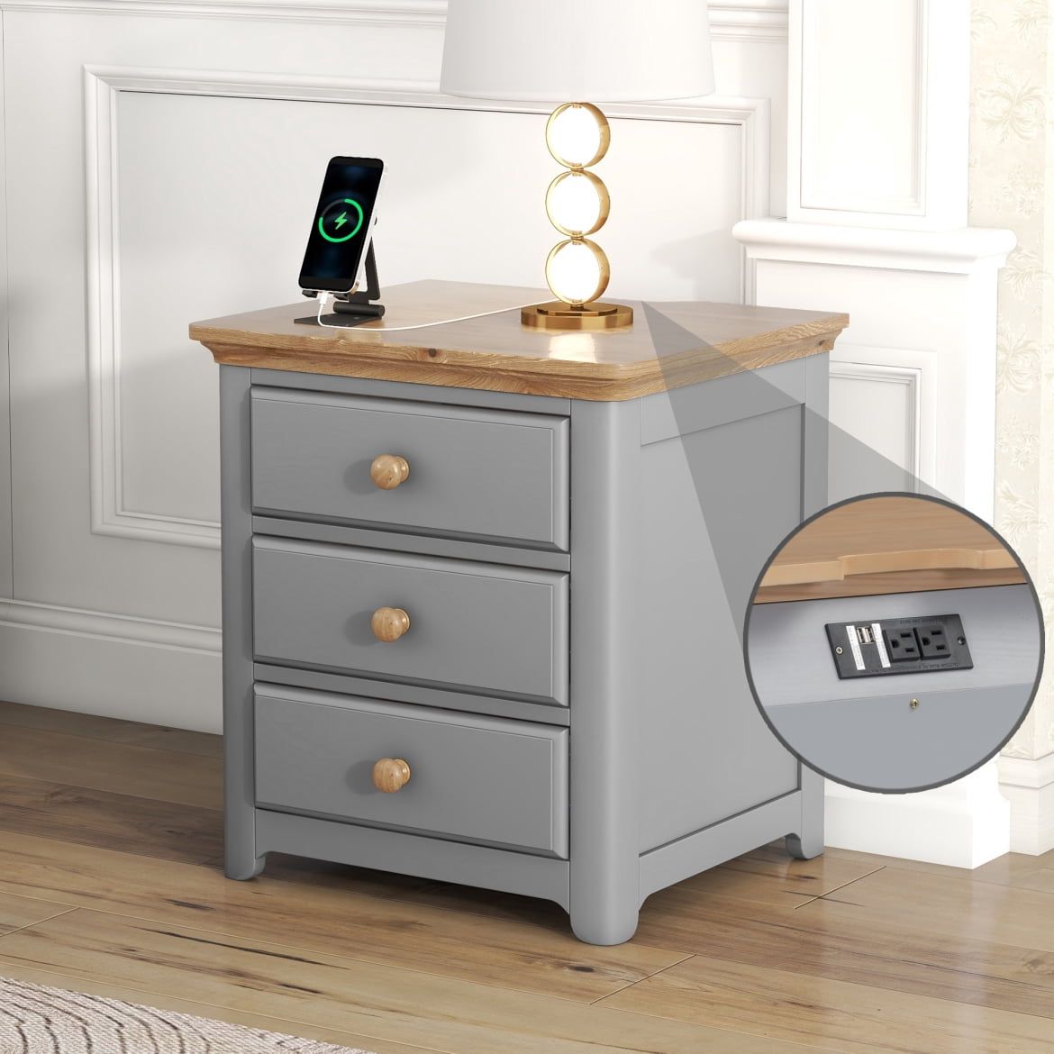 JINS&VICO 20" Wooden Nightstand, Bed Side Table with Charging Station(2 Standard Plug Outlets ...