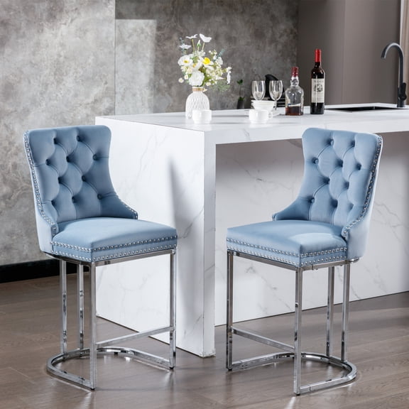 JINS&VICO 26" Modern Velvet Counter Height BarStools Set of 2, Wingback Bar Stools Chairs with Button Back Rivet Trim Chromed Metal Base for Dining room Kitchen Living Room, Light Blue