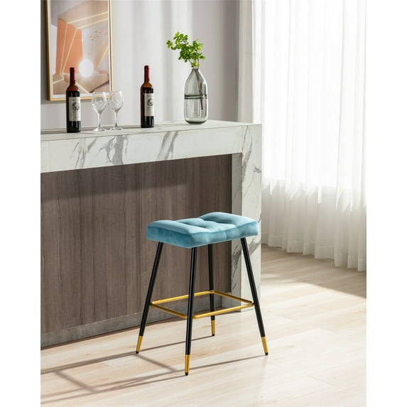 JINS&VICO Accent Bar Stools,Velvet Upholstered Bar Chairs with Footrest,Counter Height Dining Chairs with Black Metal Legs,Cafe Chair with Thick Cushion for Kitchen Dining Room Dining Room,Blue