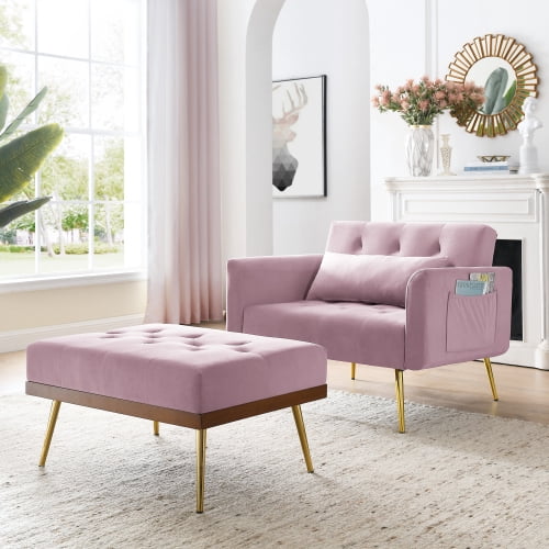 Velvet 2 in 1 Chaise Lounge Chair Indoor, Modern Single Sofa Bed with 1 ...