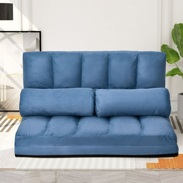 JINS&VICO Adjustable Suede Floor Sofa,Foldable Lazy Sofa Sleeper Bed 5 Position Adjustable,Thicken Floor Double Chaise,Folding Lounge Sofa Bed Couch with 2 Pillows for Bedroom Living Room Balcony,Blue