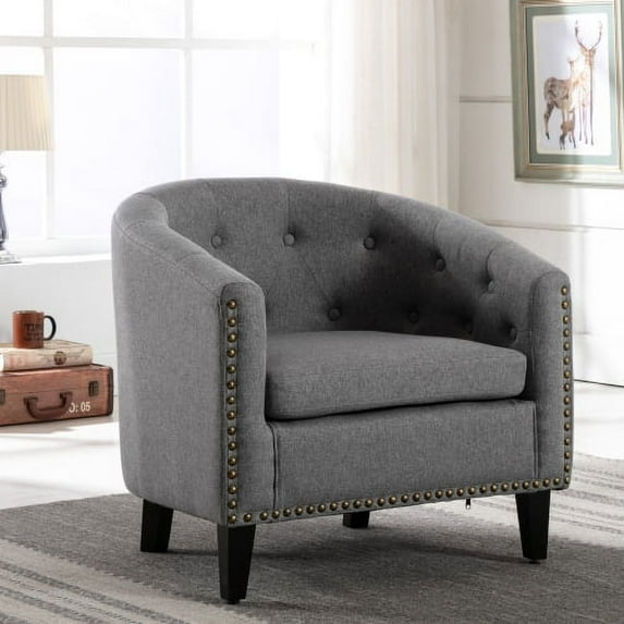 JINS & VICO Barrel Accent Chair with Arms Faux Leather Club Chairs Bucket Chair Upholstered Tub Chair for Living Room Bedroom (Gray-Leather)