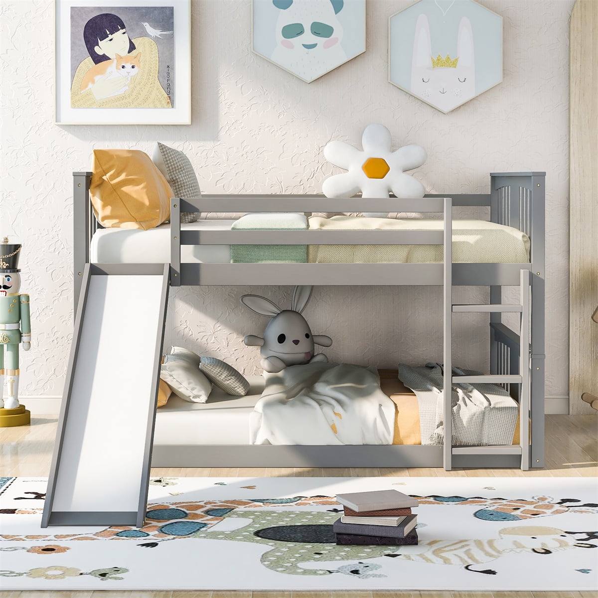 JINS&VICO Bunk Bed with Slide, Wooden Low Bunk Bed Frame with Ladder ...