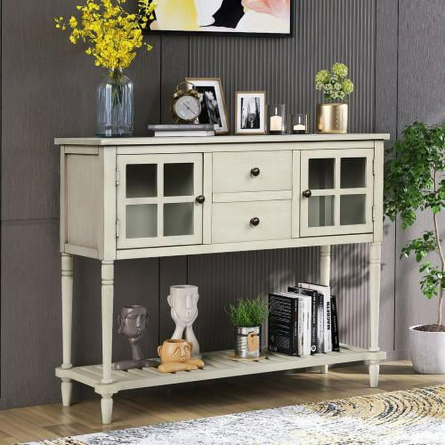 JINS&VICO Console Table with Bottom Shelf, Farmhouse Wood/Glass Buffet Storage Cabinet Living Room (Antique Grey)