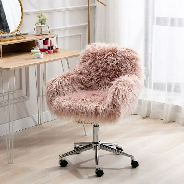 JINS VICO Fluffy Desk Chair Height Adjustable Faux Fur Home Office Chair with Arm Base and Roller Wheel Swivel Accent Chair for Bedroom Living