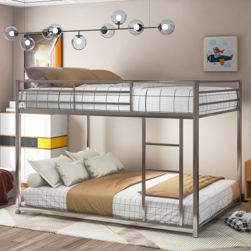 JINS & VICO Full Over Full Metal Bunk Bed, Heavy Duty Low Bunk Bed with Safety Guard Rails and Ladder (Black)