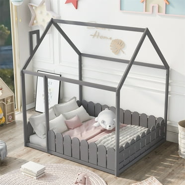 JINS&VICO Full Size Wood Bed Frame with Fence, House Shape Safety Floor Bed with Roof, Guardrails for Boys, Girls, Teens, Steady & Durable, Not Included Slats, Box Spring Required, Gray
