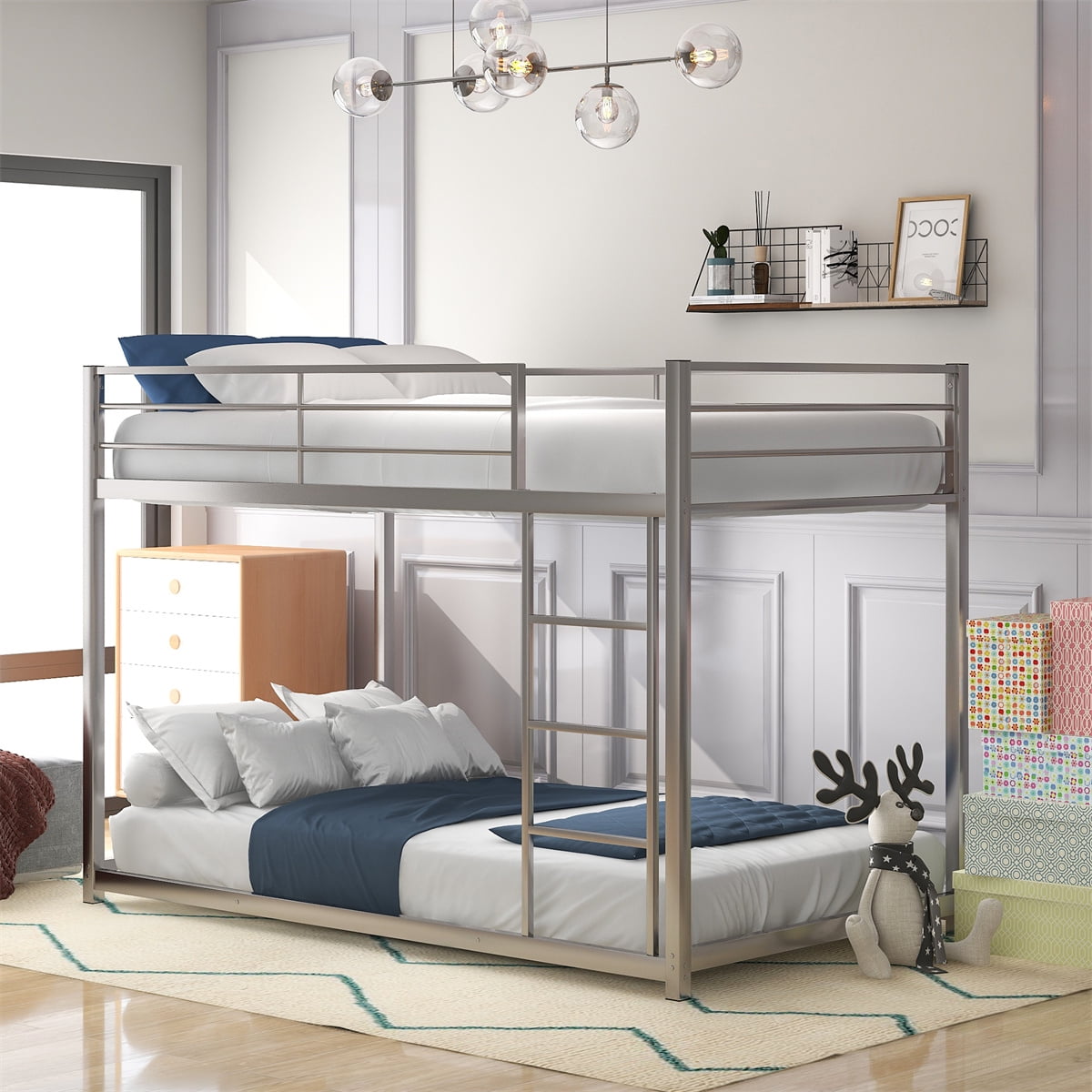 JINS&VICO Home Furniture Twin over Twin Metal Bunk Bed with Ladder and  Full-length Guardrail,Bunk Bed for Bedroom Dorm Guest Room,Silver - Walmart. com