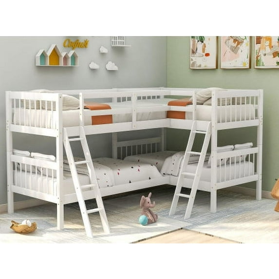 JINS & VICO L-Shaped Twin Size Bunk Bed, Solid Wood Loft Bed with Full-Length Guardrail and Two Inclined Ladders for 4 Person, No Box Spring Needed, Space Saving Design, White