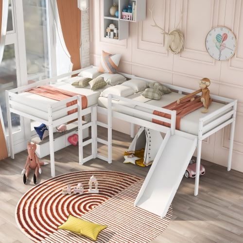 JINS & VICO Loft Bed, Twin Size Wooden LShaped Low Loft Bed with Slide