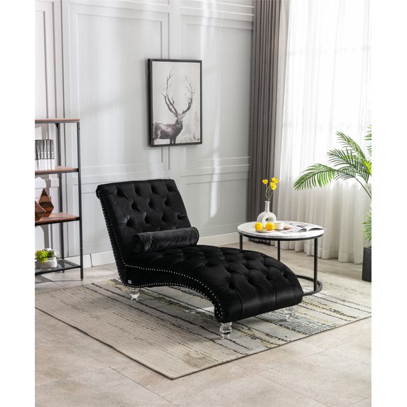 Velvet Concubine Sofa, Leisure Upholstered Sofa Chaise with Acrylic Feet, Comfortable Sleeper Chair for Bedroom, Living Room, Apartment, Easy Assemble, Black