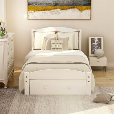 JINS&VICO Platform Twin Bed Frame with Storage Drawer Headboard and Wood Slat Support No Box Spring Needed, Easy Assembly For Boys, Girls, Teens, and Adults (White)