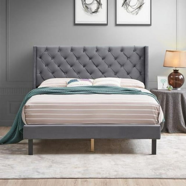 JINS&VICO Queen Bed Frame with Tufted Button Headboard, Modern Upholstered Velvet Fabric Platform Bed Frame with Wooden Slats, Grey Button Tufted Queen Bed Frame for Adult, 600lbs Capacity, Grey