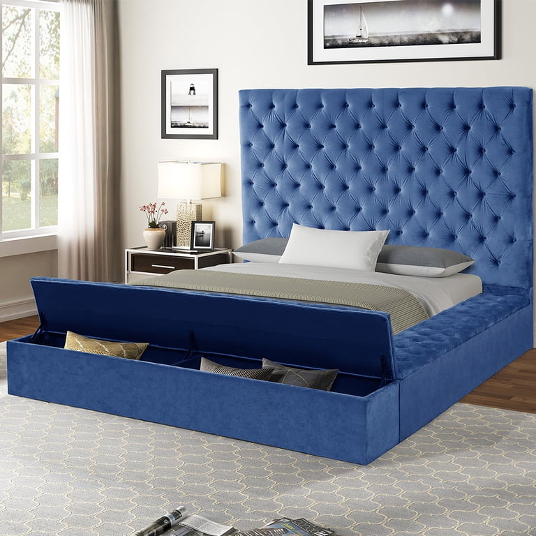 Blue Velvet Queen Size Platform Bed Frame With Upholstered Headboard - No Box Spring Needed, Diamond Tufted, Modern 2 thumbnail image