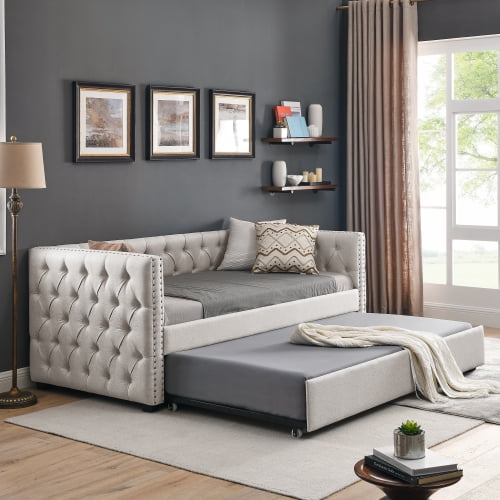 JINS & VICO Sofa Bed, Twin Size Upholstered Tufted Daybed with Trundle ...