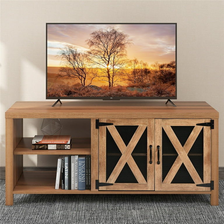 JINS VICO TV Stand with Barn Door and 2 Open Compartments TV