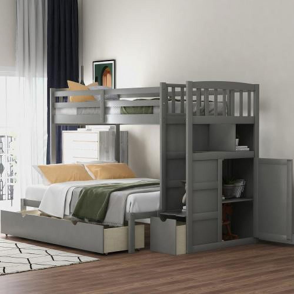 JINS&VICO Twin Over Full Bunk Bed with Stairs and Storage Drawers for Kids,  Wood Stairway Twin Bunk Bed with Convertible Bottom Bed and Storage 