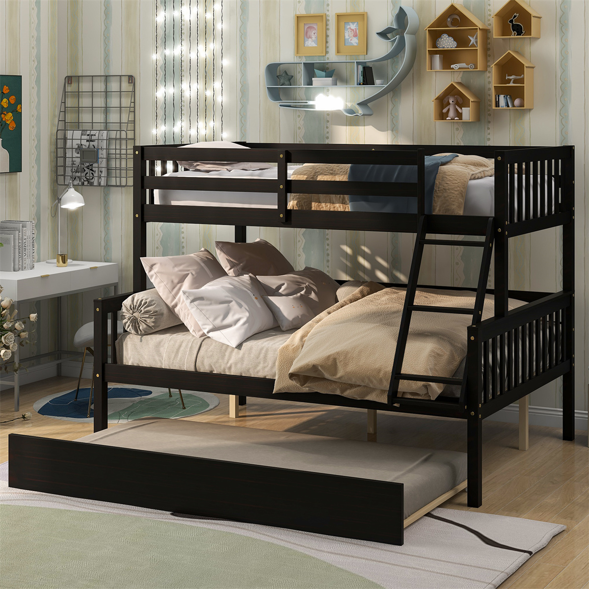 JINS&VICO Twin Over Full Bunk Bed with Trundle, Solid Wood Bunk Bed ...