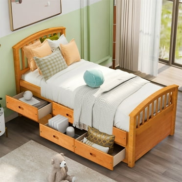 JINS&VICO Twin Size Bed Frames with 6 Storage Drawers, Steady and Durable Solid Wood Bed for Bedroom Furniture, Saving Space, No Box Spring Needed, Easy Assembly, Oak