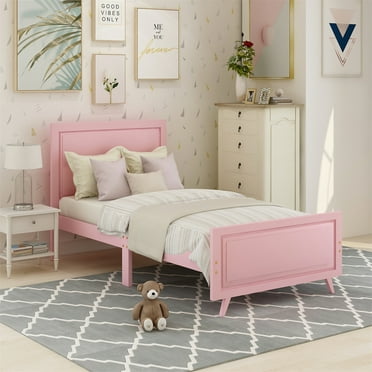 JINS&VICO Twin Size Bed with Headboard and Footboard, Steady and Durable Wood Bed Frame Mattress Foundation, Wood Slat Support, No Box Spring Needed, Easy Assembly, Pink