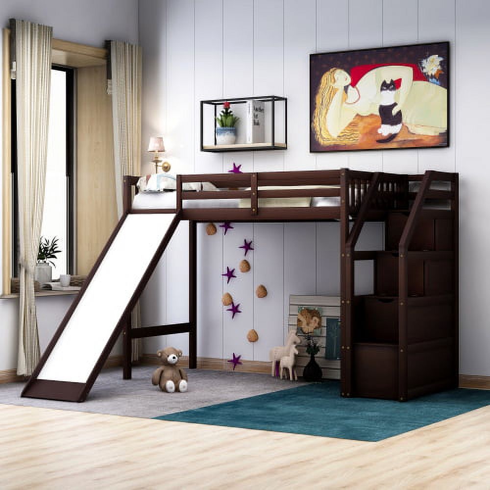 JINS & VICO Twin Size Loft Bed with Storage, Kids Wood Loft Bed with