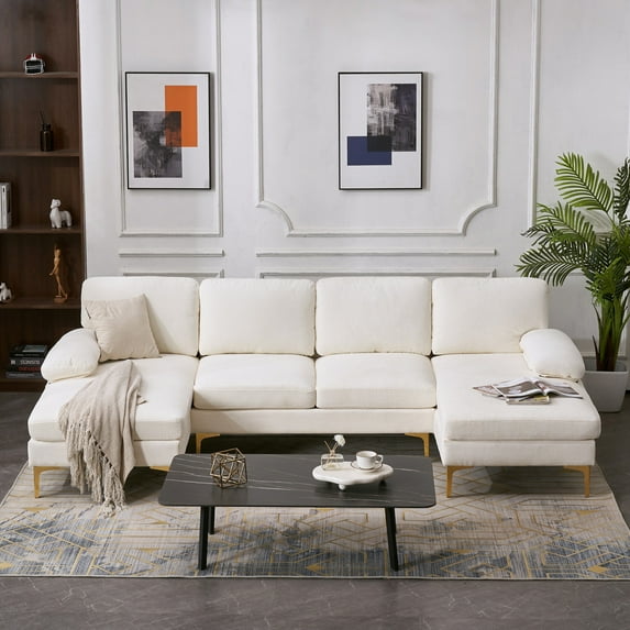 JINS&VICO U-Shaped 4-Seat Modular Sofa Couch, Indoor Large Chenille Sofa with Double Chaise Longue for Living Room Small Space, Creamy-White